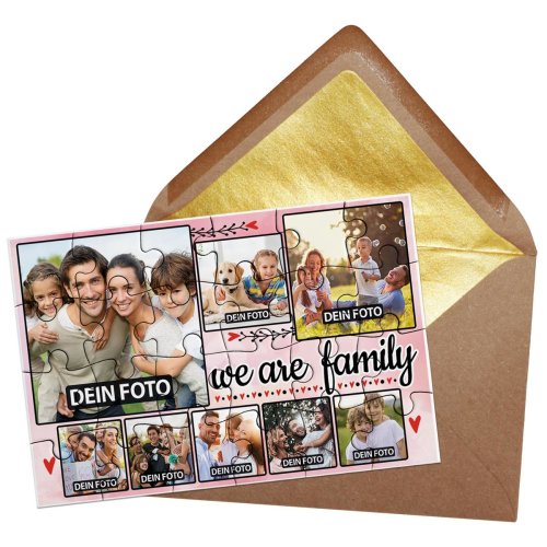 Foto-Puzzle / 24 Teile / We are family / inkl. Verpackung Kraftpapier Umschlag mit Gold-Inlay / mit ACHT Bildern bedrucken lassen
